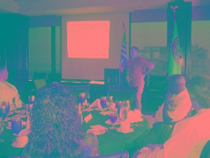 Capt Gerry Slevin, CO of NCTS JAX, addresses the Chapter on the mission of NCTS and the NETWARCOM support structure
